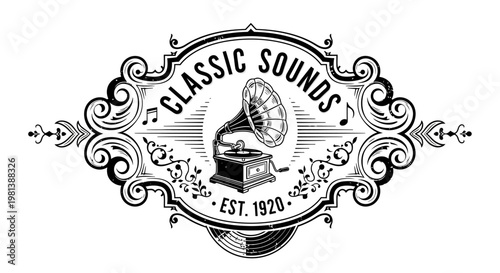 Retro gramophone emblem with 'Classic Sounds' text, intricate scrollwork, and musical notes in a vintage design