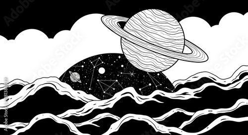 Detailed monochromatic cosmic illustration featuring a ringed planet, starry constellations, and ethereal wavy clouds in a mysterious night sky.