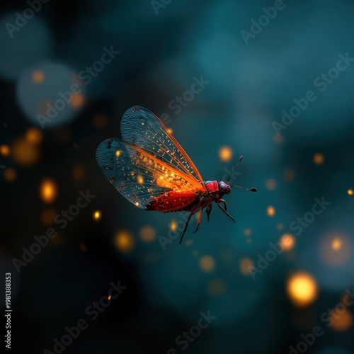 Bright Red Dragonfly with Illuminated Transparent Wings Flying in Dark Background with Bokeh Lights