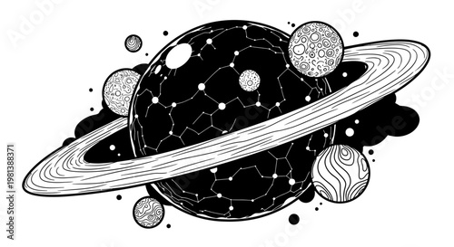 Detailed monochrome illustration of a ringed planet with starry texture and orbiting moons in outer space, cosmic art concept