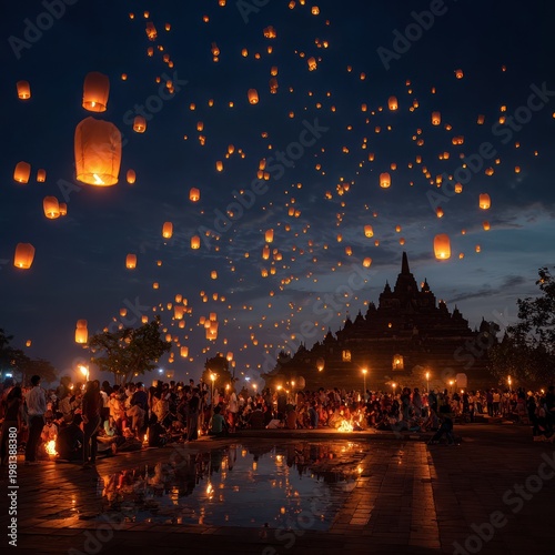 People Releasing Sky Lanterns During Night Festival at Ancient Temple