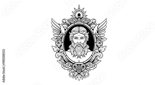 Mythological bearded man's head in an ornate vintage crest emblem. Detailed black and white classical illustration.