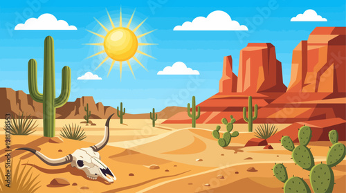 Sunny Desert Landscape with Cactus and Red Rock Formations Flat Illustration