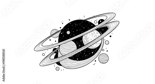 Detailed hand-drawn cosmic illustration of a ringed planet with orbiting moons, stars, and celestial elements in monochrome