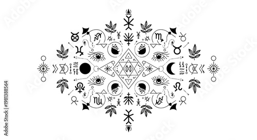 Mystical Celestial Esoteric Astrology Pattern. Bohemian Occult Magic Symbols, Zodiac Signs, Moon Phases Line Art Illustration.
