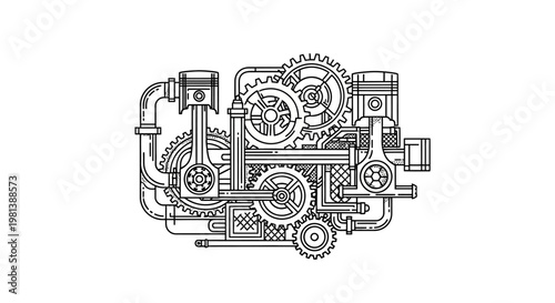 Complex mechanical engine line art illustration with intricate gears, pistons, and pipes. Industrial mechanism graphic design.