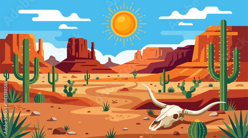 Sunny Desert Landscape with Cactus and Red Rock Formations Flat Illustration