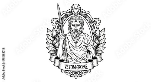 Vintage illustration of a bearded mythological figure holding a spear, depicted as an ancient god in an ornate crest emblem.