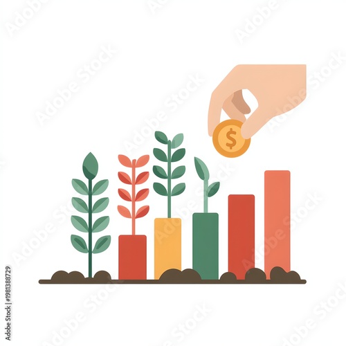 Investing concept illustration, financial growth and return, with growing plants and a hand depositing coin. It symbolizes financial investment, economic development, and business success