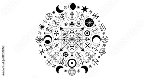 Esoteric and Mystic Symbols Mandala Illustration. Spiritual Occult Alchemy Astrology Pagan Icons in Black and White Art.