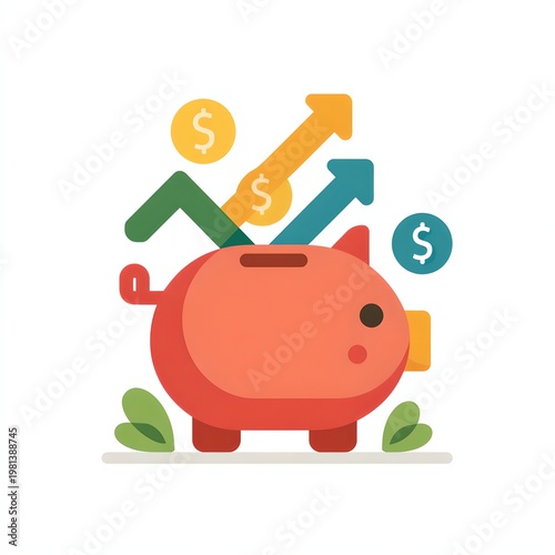 A piggy bank with money and growth charts, representing financial success and savings.