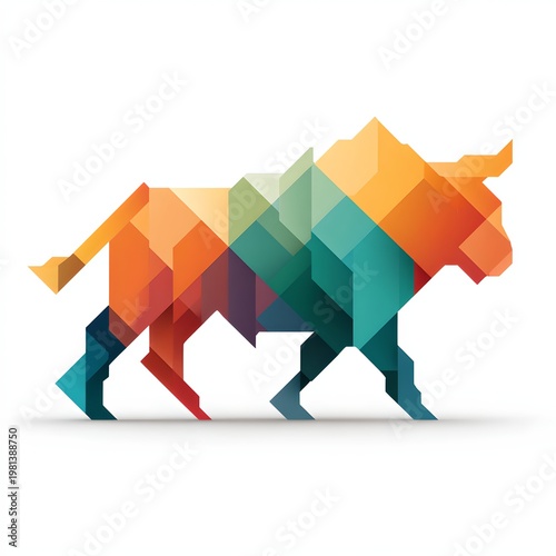 An artistic and colorful geometric illustration of a bull