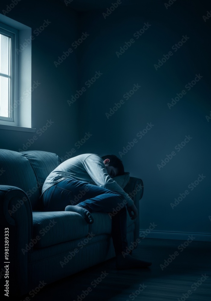 Fototapeta premium Slumped posture on a worn fabric sofa within a dimly lit interior creates an atmosphere of deep exhaustion, sadness, and quiet solitude, somber, hopeless, lonely
