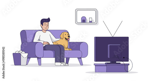 Man and his dog relaxing on a sofa watching television together.