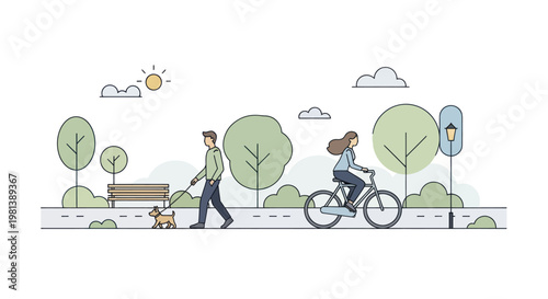 Man walking dog and woman cycling in park on sunny day.