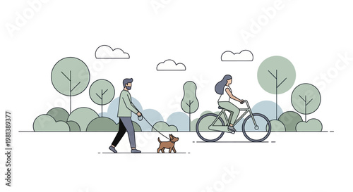 Man walking dog and woman cycling in park.