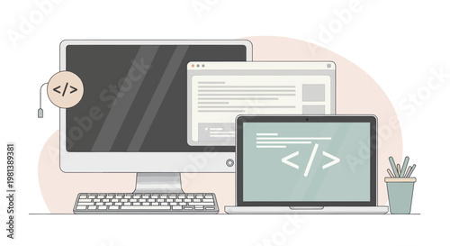 Modern computer setup with laptop and desktop for coding and programming.