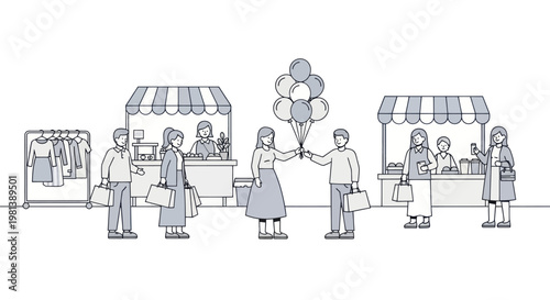 People enjoying a lively outdoor market with various stalls and shopping activities.