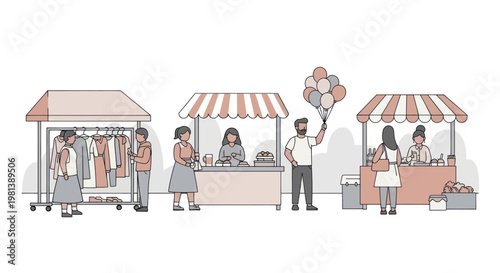 People shopping at outdoor market stalls with various goods displayed.