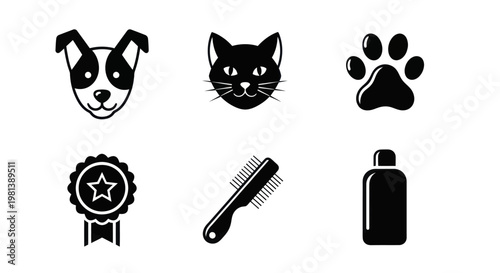Pet care and grooming icons set with dog, cat, paw print, award, brush, and shampoo bottle.