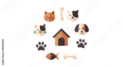 Pet care essentials with dog and cat faces, paw prints, and pet accessories.