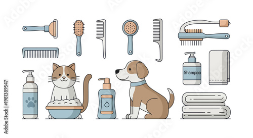 Pet Grooming Essentials - A Collection of Tools and Products for Cats and Dogs.
