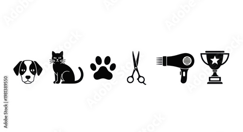 Pet grooming tools and animal icons for professional care services.