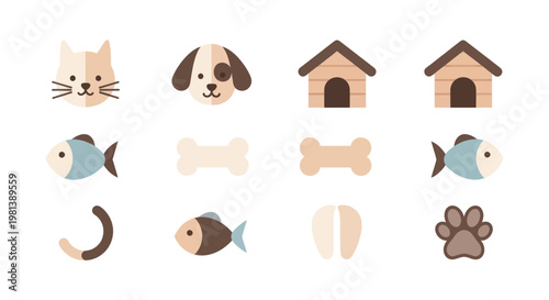 Set of cute cartoon pet icons for dogs, cats, and fish with accessories.