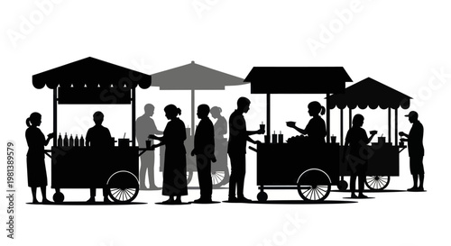 Silhouette of people at food stalls on a street.