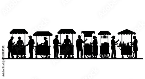 Silhouette of people working at food stalls on a street.