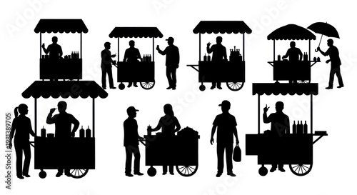 Street food vendors and customers in silhouette.