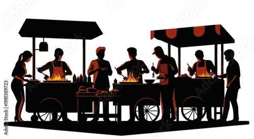 Street food vendors preparing meals at busy outdoor stalls.