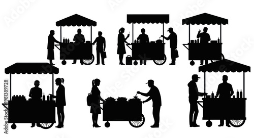 Street food vendors serving customers at outdoor stalls.