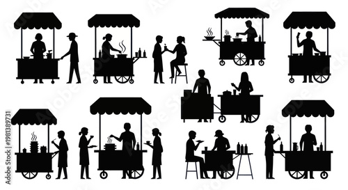 Street Food Vendors and Customers Silhouettes Collection.
