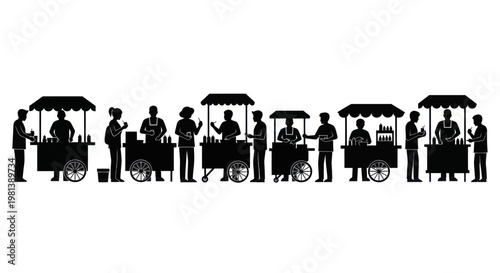 Street food vendors serving customers from carts.