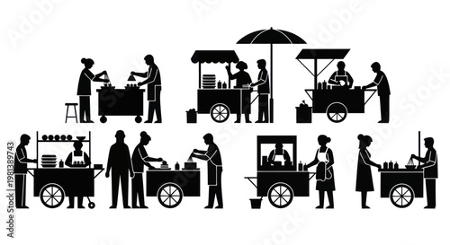 Street food vendors serving customers from carts and stalls.
