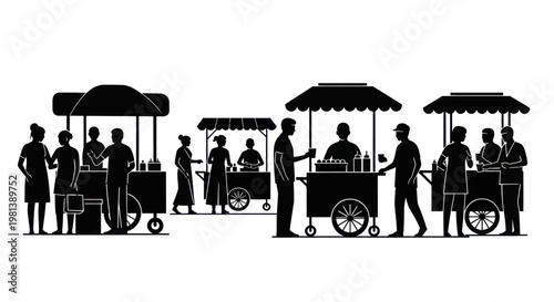 Street food vendors serving customers from carts with umbrellas.