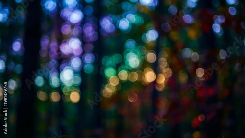 Enchanting Forest Bokeh Lights Magical Nighttime Ambiance.