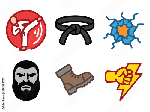 Martial Arts Karate Belt Boot Fist Lightning and Face Icons.