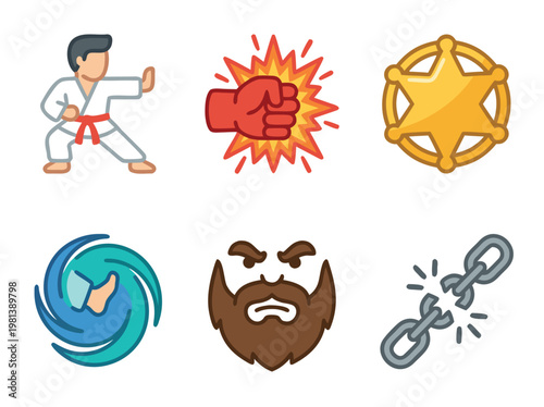 Martial Arts Karate Fighter Punching Fist Sheriff Star Beard Broken Chain.