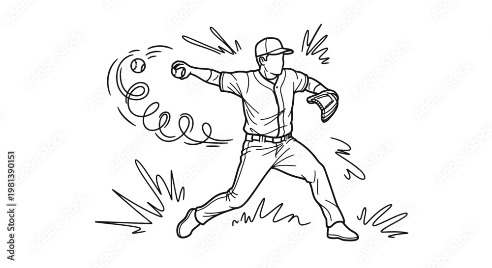 Fototapeta premium Baseball Pitcher Throwing Ball Vector Illustration, Dynamic Sports Athlete Action Drawing in Minimalist Line Art Style for Athletic Branding and Mascot Design