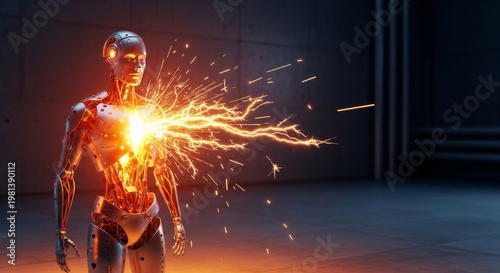 A metallic humanoid machine malfunctions in a dark industrial space, emitting bright orange heat and a shower of glowing electric sparks, electrical, android, robot