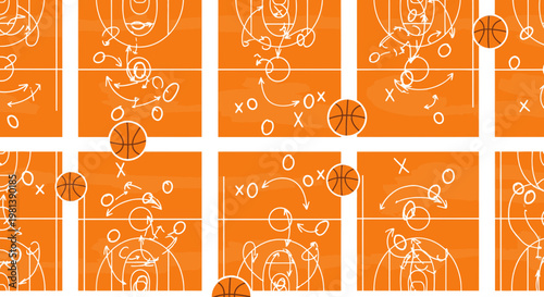 Basketball Court Playbook Strategy Vector Illustration Featuring Tactical Diagrams and Game Plan Patterns for Coaching and Sports Training Session Background