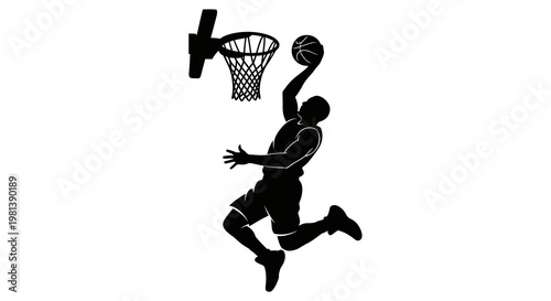 Basketball Player Slam Dunk Vector Illustration, Dynamic Athletic Action Silhouette Graphic for Sports Design Projects
