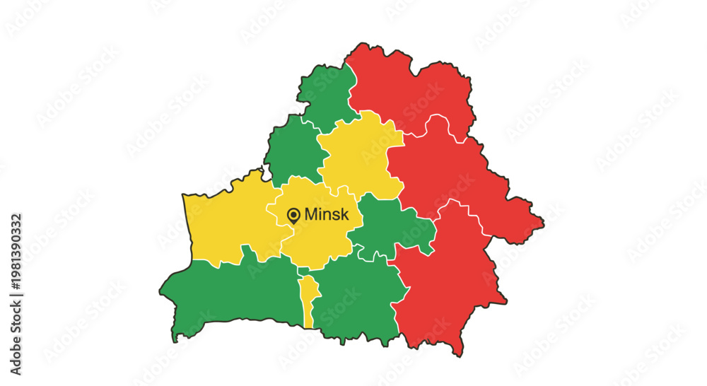 Fototapeta premium Belarus Administrative Regions Map Vector Illustration with Minsk Capital City Marker, Colorful Regional Division Graphic for Infographic and Data Visualization Projects