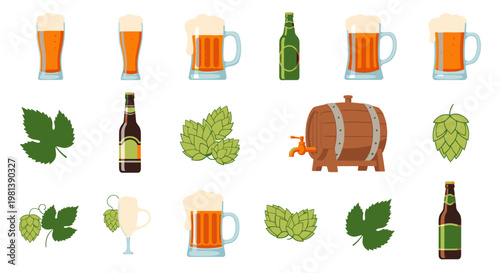 Beer Brewing Elements Collection Vector Illustration Set Featuring Craft Beer Glasses Bottles Hops Leaves and Wooden Barrel for Pub Menu and Brewery Branding Design
