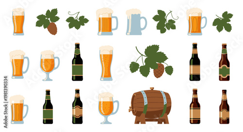 Beer Collection Vector Illustration Featuring Craft Ale Glasses Bottles Hops and Wooden Barrel Elements for Pub Menu Design and Brewery Branding Projects