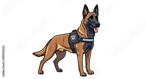 Belgian Malinois Police Dog Vector Illustration, K9 Service Animal Wearing Tactical Harness, Professional Security Canine Graphic for Law Enforcement Projects