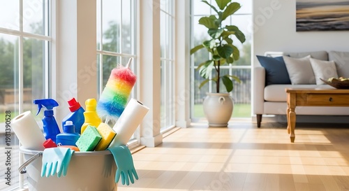 Brightly lit interior scene with cleaning supplies near window, focused on tidiness