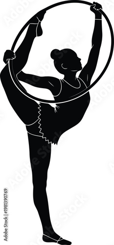 Black silhouette of rhythmic gymnast holding hoop performing artistic balance pose isolated on white background